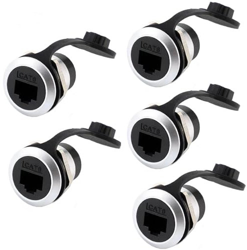 PENGLIN 5 Stück RJ45 CAT6 Einbaustecker, Cat5/5e/6/8P8C Ethernet LAN Kabeladapter, Buchse zu Buchse Bulkhead Verlängerungsschnittstelle Adapter mit Wasserdichter/Staubkappe