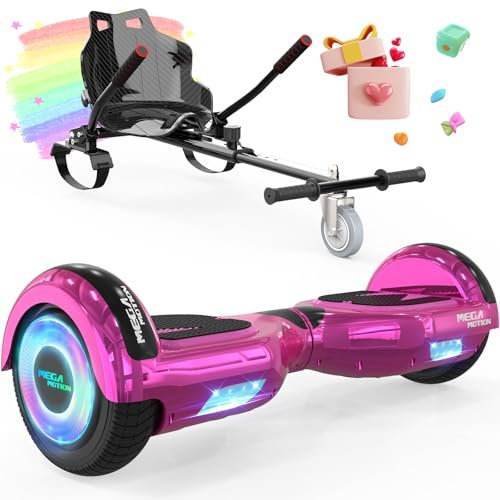 MEGA MOTION Hoverboards 6,5 Zoll mit Hoverkart für Kinder und Jugendliche,Selbstausgleichender, einfach zu steuern, rutschfeste Gestaltung, mit LED-Licht und Bluetooth-Lautsprecher (Rose+Schwarz)