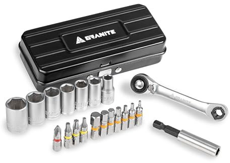 Granite Duet Hex Bit & Socket Ratchet Tool Kit with Dual Head Ratchet Wrench, Extension Rod, 7 Hex Sockets, 11 Precision Tool Bits (Black)