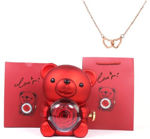 POHDHK Engraved Heart Necklace - With Real Rose Bear Giftbox, Preserved Rose Gifts Set for Mom, Wife, Girlfriend (Red)