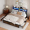 KeepGoon Doppelbett 180 x 200 cm,Schubladenbett mit LED-Licht und PU-Nachtbett mit Eisenrahmen, Kopfteil mit Stauraum,Stauraumbett,Mattschwarze Tigerhautfarbe