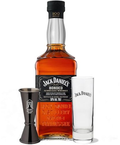 Jack Daniels Bonded Whiskey Glass & Jigger Gift Set 70cl | Containing a bottle of Jack Daniel’s Bonded Whiskey, Branded Glass & Secret Bottle Shop Jigger | Ideal Whiskey Gift