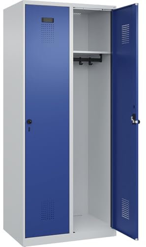 C + P Möbelsysteme C+P | Spind Evolo Plus | 2 Abteile | lichtgrau/enzianblau | B 800 mm | mit Bodengleitern | Drehriegel