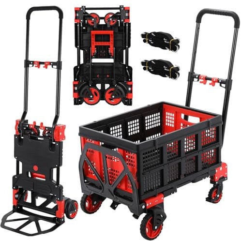 2-in-1 Sackkarre und Plattformwagen mit Klappbox, Transportwagen klappbar max.150 KG, Transportkarre 2 Spanngummis mit Haken, 3-stufig Höhenverstellbar, für Transport, Einkaufen, Camping, Umzug