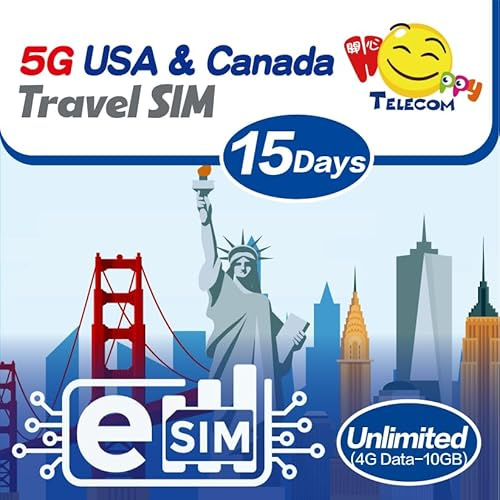 Nur eSim-Geräte | Happy eSim USA und Kanada 15 Tage unbegrenzte Daten Reise-SIM-Karte (ohne Alaska & Guam) | 10 GB 5G High-Speed-Daten dann 128 kbit/s | Einfache Aktivierung | Keine Registrierung