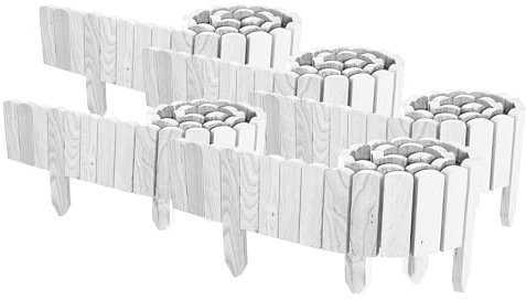 Floranica 10 m Beeteinfassung Flexibler Holzzaun 5 St. 2 m x 10 cm Weiß Steckzaun aus Kiefernholz Rasenkante Teichzaun Rollboard 5 tlg Erweiterbares Zaunset für Garten