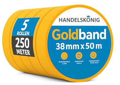 Handelskönig 5x Goldband Malerkrepp Kreppband Malerband 38 mm x 50 m Abdeckband Malertape Klebeband Washi Tape Gold Papiertape Selbstklebend