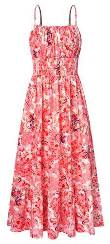 GRACE KARIN Robe longue sans manches pour femme - Robe longue décontractée - Robe bohème - Bretelles spaghetti - Robe smockée - Robe de cocktail à volants - Robe de loisirs - Robe de plage, fleurs