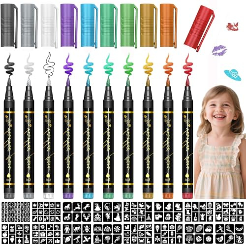 Glitzer Tattoo Stifte Set Kinder, 10Stk Glitzertattoos Kinder Set mit 176 Muster 16 Schablonen Tatoo Stifte Hautfreundlich Tattoostifte Geschenk für Kinders Mädchen Erwachsene Geburtstage Halloween