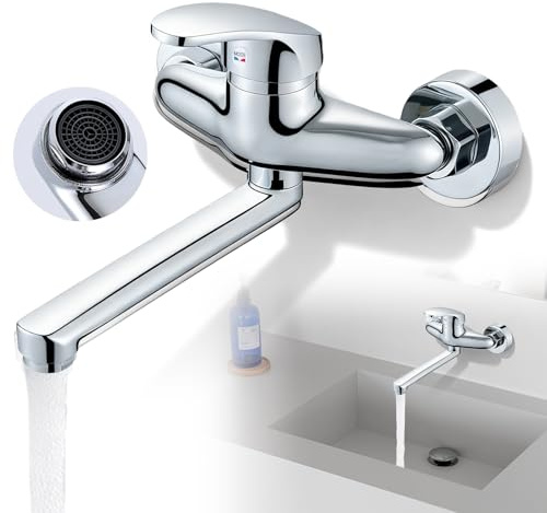 Wasserhahn Wandmontage, 360° Drehbar Wasserhahn Küche Wandarmatur, Mischbatterie Küche für Wandmontag, Kalt und Heiß Einhebelmischer für Spüle, Küchenarmatur Wandmontage, Schwenkarm 18cm