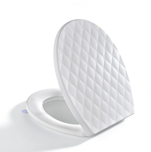 SREWOHS PRO Abattant de toilette ovale à fermeture amortie en polypropylène Blanc Motif losanges, libération rapide avec charnières réglables pour un nettoyage facile, universel, antidérapant, très