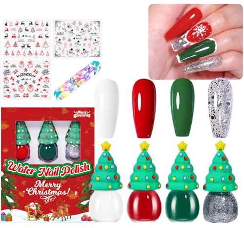 Christmas Nail Polish Set, 4 Colours Red Green White & Glitter Silver Gel Nail Polish, Quick Dry Peelable Water-Based Christmas Nails Kit with DIY Stickers & Nail File, Nail Polish Gift Sets for Women