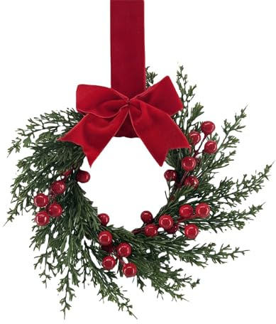 WeihnachtskräNze Für Küchenschrank Weihnachten Deko Türkranz 26 cm Kleine Weihnachtskränze Mit Beeren Und Schleifen Weihnachtsdeko Haustür Für Fenster, Türen Und Wanddekoration (A)
