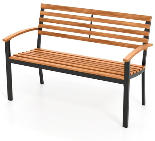 FANTASK 2-Sitzer Gartenbank, Sitzbank aus Akazienholz mit Armlehnen & Metallrahmen, Holzbank wetterfest bis 360 kg belastbar, Terrassenbank für Garten, Balkon, Schwarz + Natur