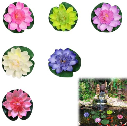 Pack of 6 Floating Flowers, Artificial Water Lilies, Water Lily Plants, Pond Plants, Artificial Pond Decoration, Water Lily Lotus Flower for Aquarium, Patio, Garden, Pool, Garden, Pond (Colourful)