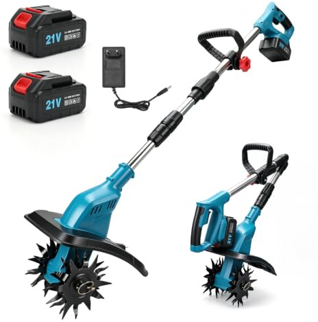 Cordless Ground Hoe Motor Hoe with 2 x 2600 mAh Batteries, 25 cm Tillage Depth 20 cm Working Width, Garden Tiller with 4 x 12 Teeth Tiller, Electric Motor Hoe for Garden and Lawn