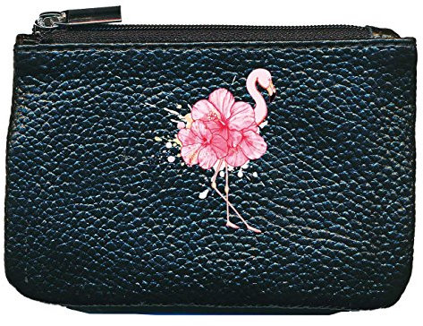 Petit Porte Monnaie en Cuir Porte cles Noir Flamant Rose
