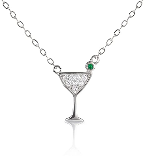 Diamond Treats Dainty Cocktail Glass Necklace in 925 Sterling Silver, Sterling Silver Cocktail Glass Pendant Necklace for Women and Teen Girls with Cubic Zirconia Stones, Silver Jewellery for Women