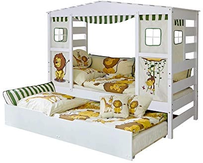 TiCAA Hausbett mit Bettkasten Safari Kiefer Weiß