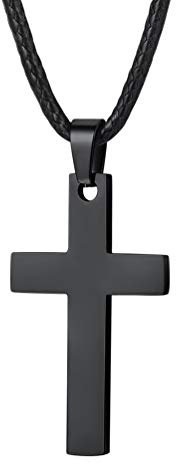 PROSTEEL Personalised Cross Necklace Men 24 inch Leather Rope Chains Black