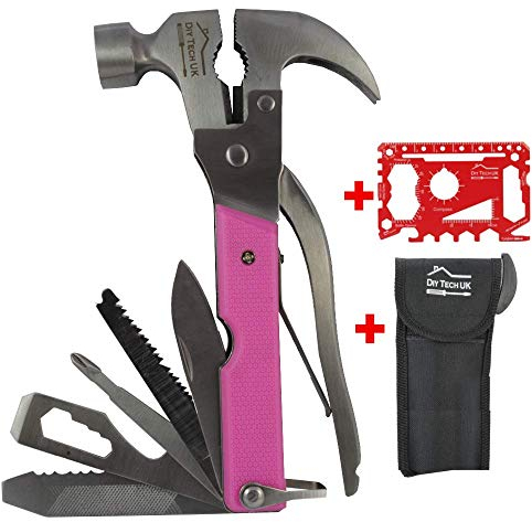 DIY TECH UK - 17 in 1 Hammer Multitool + FREE 48 in 1 Wallet Tool - EXTRA STRONG High Carbon Stainless Steel - Pliers, Wire Cutter, Bottle Opener, Knife, Saws, File, Screwdrivers & Spanners With Pouch
