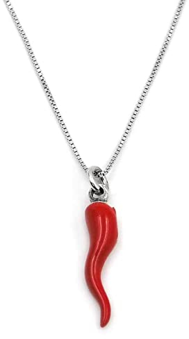 Collana con Cornetto Portafortuna in Argento Smaltato Rosso Argento