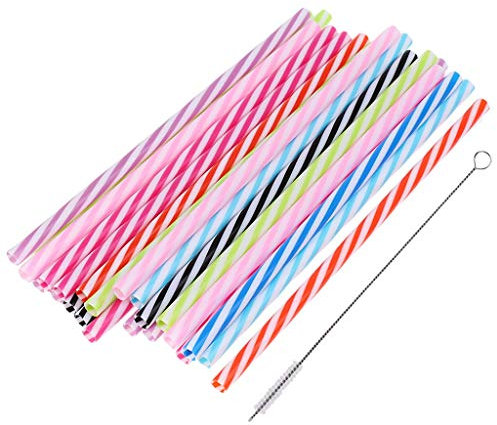 Tenlacum Lot de 25 pailles colorées réutilisables en plastique dur+1 brosse de nettoyage pour bocaux et gobelets Mason
