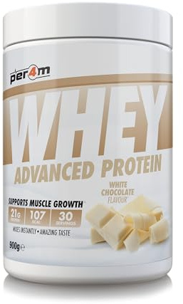 Per4m Whey Protein, Molkenprotein mit vollem Aminosäureprofil, unterstützt Muskelaufbau & Regeneration, reich an essentiellen Aminosäuren, für Sportler nach dem Training – Weiße Schokolade – 900 g