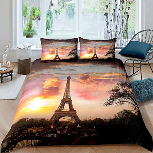 Tbrand Eiffelturm Bettwäsche Set 135x200cm Schick Paris Thema Bettbezug Set Sonnenuntergang Paris Stadtbild Betten Set Modern French Stil 2St,Reißverschluss