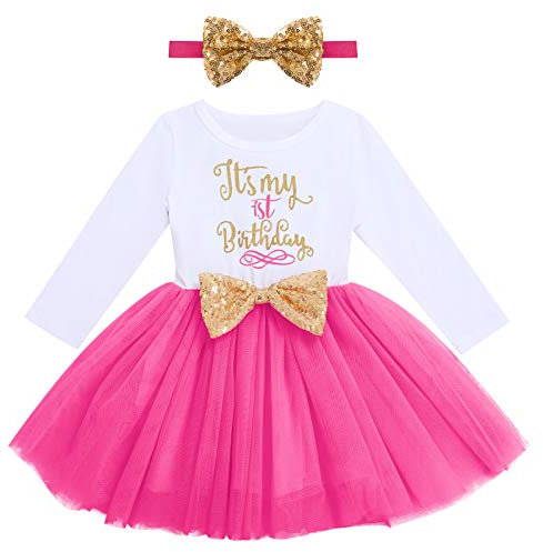 FYMNSI Robe de fête en coton à manches longues pour bébé fille avec bandeau, Rose - C'est mon 1er anniversaire, 12 mois