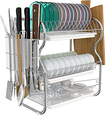 Estante de secado de platos, estante de 3 niveles para platos de cocina, escurridor de acero inoxidable, organizador para lavaplatos, ahorro de espacio, mostrador de almacenamiento