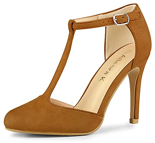 Allegra K Donna Punta Arrotondata Tacco a Spillo T-Strap Dress Pumps, Marrone, 38 EU