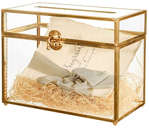 NCYP Small Glass Wedding Card Box with Slot, 25x14.2x19.6 CM Tabletop Clear Cards Holder for Reception, Party, Vintage Decor, Gold - Slot Length 18 cm (Glass Box Only) (No Lock)