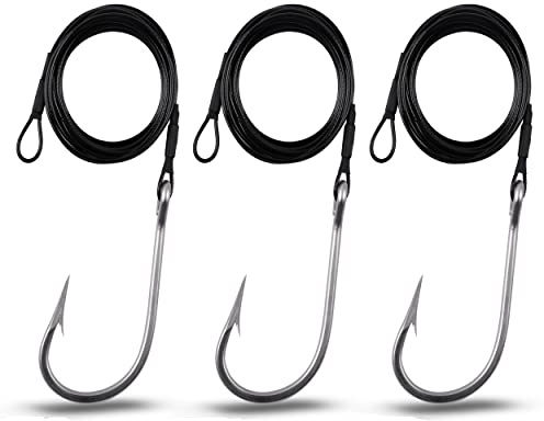 Shark Hook Fishing Rigs, 3pcs Stainless Steel Tuna Hooks 400lb Nylon Coated Cable Leader Rig Hand-tied Crimped Deep Sea Saltwater Fishing Rigs for Shark Tuna Toothy (8/0-3 Packs)