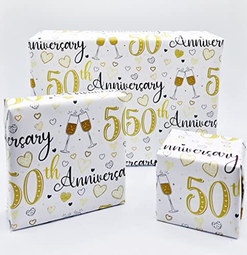 2 Sheets 50th Wedding Anniversary Wrapping Paper Champagne Glass Design Golden Wedding Anniversary Giftwrap (PA)
