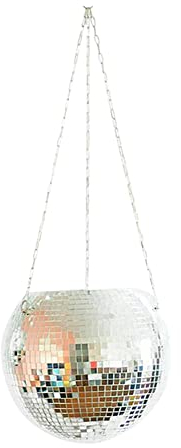 LYEAA Jardinière boule disco en plastique macramé pour plantes d'intérieur - 10 15 20 cm - Argenté - Boule miroir réfléchissante - Pot de fleurs suspendu avec crochet de plafond pour l'entretien des