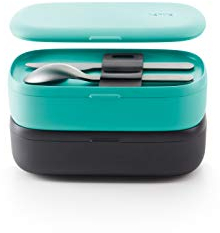 Lékué Juego de cubiertos para llevar, Acero Inoxidable + LunchBox To Go - Recipiente hermético para transportar y conservar alimentos, Polipropileno, Turquesa, 19.2 x 10 x 11cm