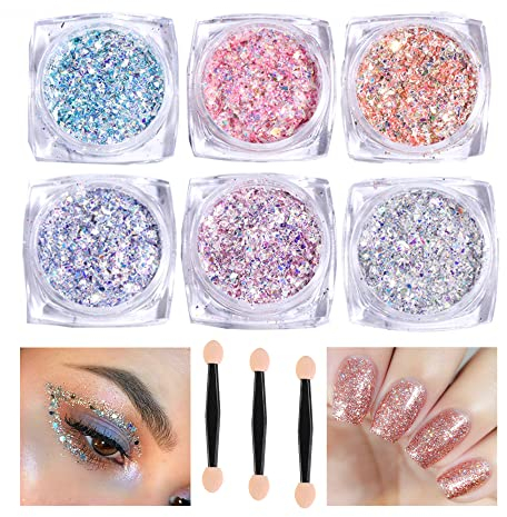 6 Boxes Nail Glitter Powder, Nail Art Glitters with Sponge Brush, Holographic Nail Glitter Flakes Aluminum Foil Glitters for Body Nail Decoration