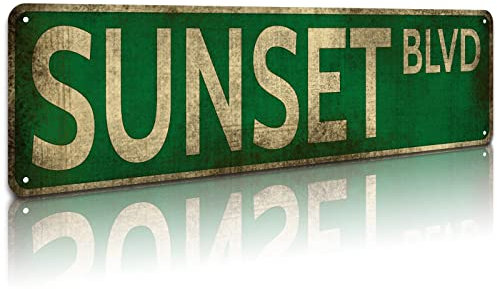 KooLL Sunset BLVD Targa in latta retrò, cartello stradale divertente cartello stradale rustico vintage cartello metallico casa bar cortile uomo grotta decorazione da parete 10,2 x 40,6 cm