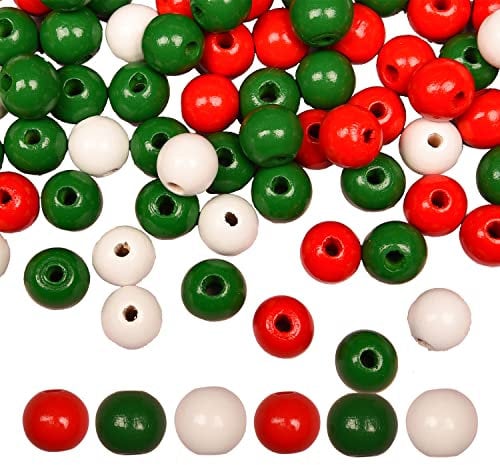 AOVNA 100 Pieces 16mm Christmas Wooden Beads Red Green White Wood Beads for Crafts with Holes (Red Green White)