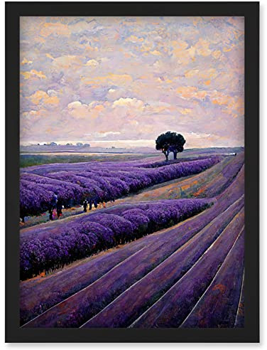 Doppelganger33 LTD Lone Tree In A Field Of Purple Lavender Flowers Artwork Framed Wall Art Print A4