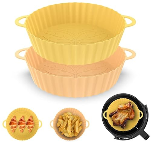 Silicone Air Fryer Liners, 2Pcs 8.3inch Reusable Silicone Air Fryer Pot, Non-Stick Heat Resistant Air Fryer Liners Round Air Fryer Accessories for Home Kitchen (2p-Apricot+Orange)