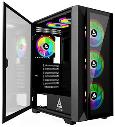 Apevia Destiny-PRO-BK Destiny Pro Mid Tower Gaming PC Case w/6 ventole ARGB da 120 mm, 366 modalità di illuminazione RGB, 1 pannello frontale in vetro, 1 pannello laterale magnetico in vetro stile