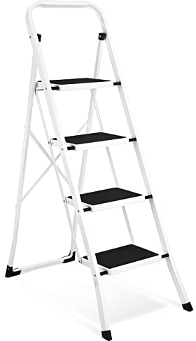 HBTower Trittleiter 4 Stufen klappbar, Leiter aus Stahllegierung, rutschfeste Pedale, belastbar bis 150 kg, 94 cm Arbeitshöhe, kein Aufbau nötig – für Küche, Garage & Büro