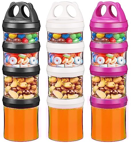BeneLabel Snack Box, 3pcs Stackable Snack Pot 4 Compartments 31oz/917ml Portable Food Container Storage Jar Nuts Candy Formula Dispenser with Lid for Travel, BPA Free & Leak-proof, Red/White/Black
