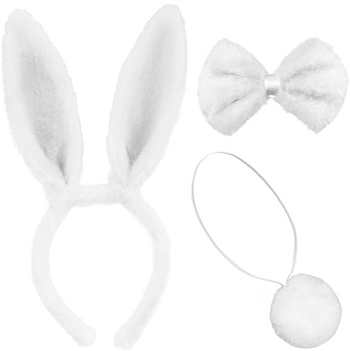 Balinco 3-teiliges Hasenkostüm-Set für Damen & Mädchen – Plüsch-Hasenohren-Haarreif mit Fliege & Schwanz für Halloween, Karneval, Fasching, Cosplay & Motto-Partys, Weiß