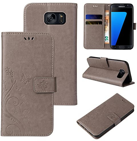 LBH Handy Hülle für Samsung Galaxy S7 Case Handytasche Schmetterling Blumen Flower Standfunktion Schutzhülle Magnet Rundum Schutz 360 Grad Flipcase Cover Grau