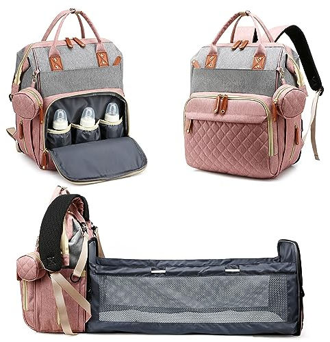 Fexkean Wickeltasche Rucksack Baby Wickelrucksäcke mit Großer Reisewindeltasche mit faltbarem Kinderbett mit Multifunktions Babytaschen Wickelauflage Babybettrucksack-PK&GY