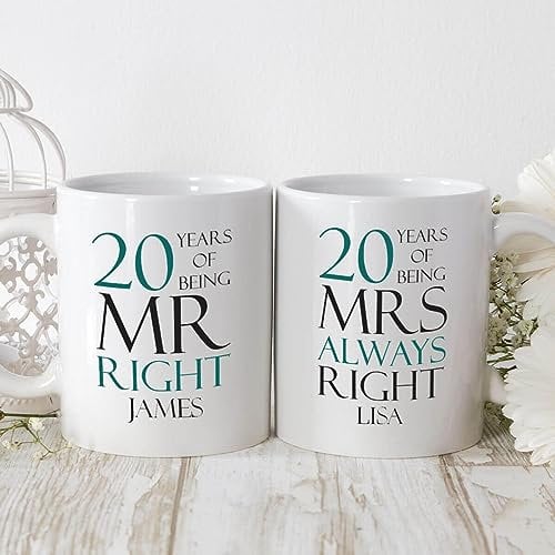 BGExpress Mr Right Mrs Always Right Mug - 20 Years of Being - Personalised Mug Set of Two Adorable Coffee Tea Mugs, Wedding or Anniversary Celebration Gifts