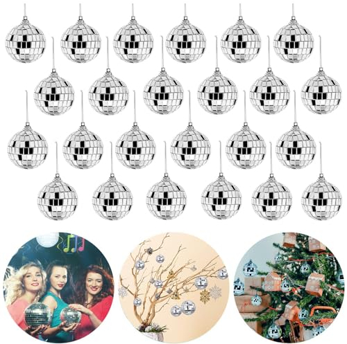 wordmouk 24 Stück Disco Spiegelkugeln 4cm Silber Disco Spiegel Ball Glitzer Kleine Discokugel Deko zum Aufhängen Reflektierende für Weihnachtsbaum Hochzeit Party Geburtstag Dekoration Lichteffekt